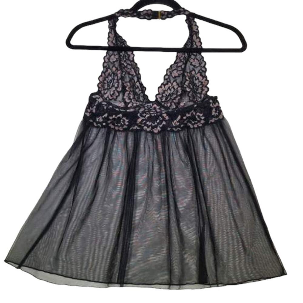 VICTORIA'S SECRET Nightie Lingerie Black Nude Lace Sheer Halter Size Small